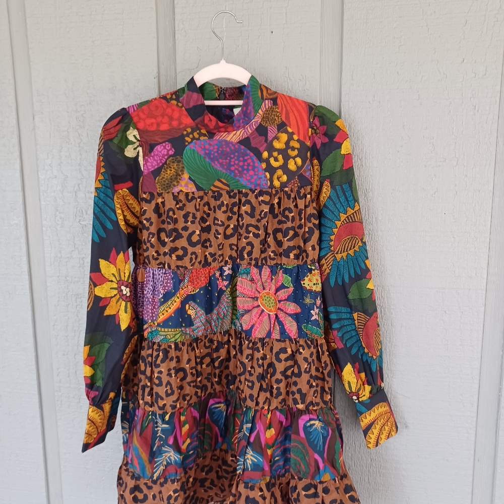 Farm Rio Mixed Black Print Mini Dress Size S Women Cotton Floral Leopard Tiered - Picture 2 of 14